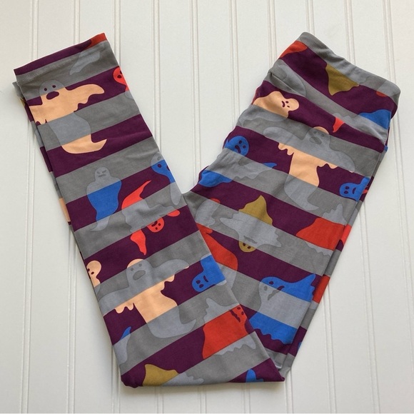 NWT LuLaRoe OS leggings Halloween purple gray striped ghosts dopamine one size - Picture 1 of 3